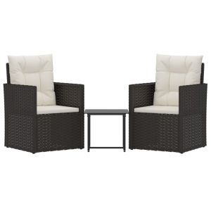 3-delige Loungeset met kussens poly rattan zwart